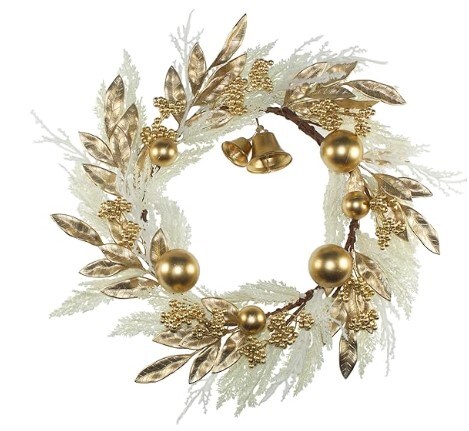 White Fake Pampas Grass Xmas Wreaths with Gold Berry Leaves Bells Balls for Windows Fireplaces Walls, Indoor and Outdoor, 19 Inch Gold Christmas Wreath for Front Door