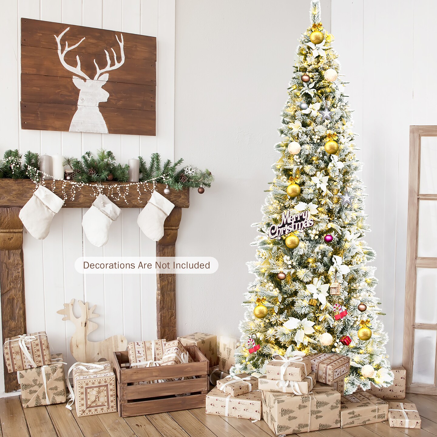 Costway 5ft/6ft/7ft/8ft Pre-lit Snow Flocked Christmas Tree w/ Berries &#x26; Poinsettia Flowers
