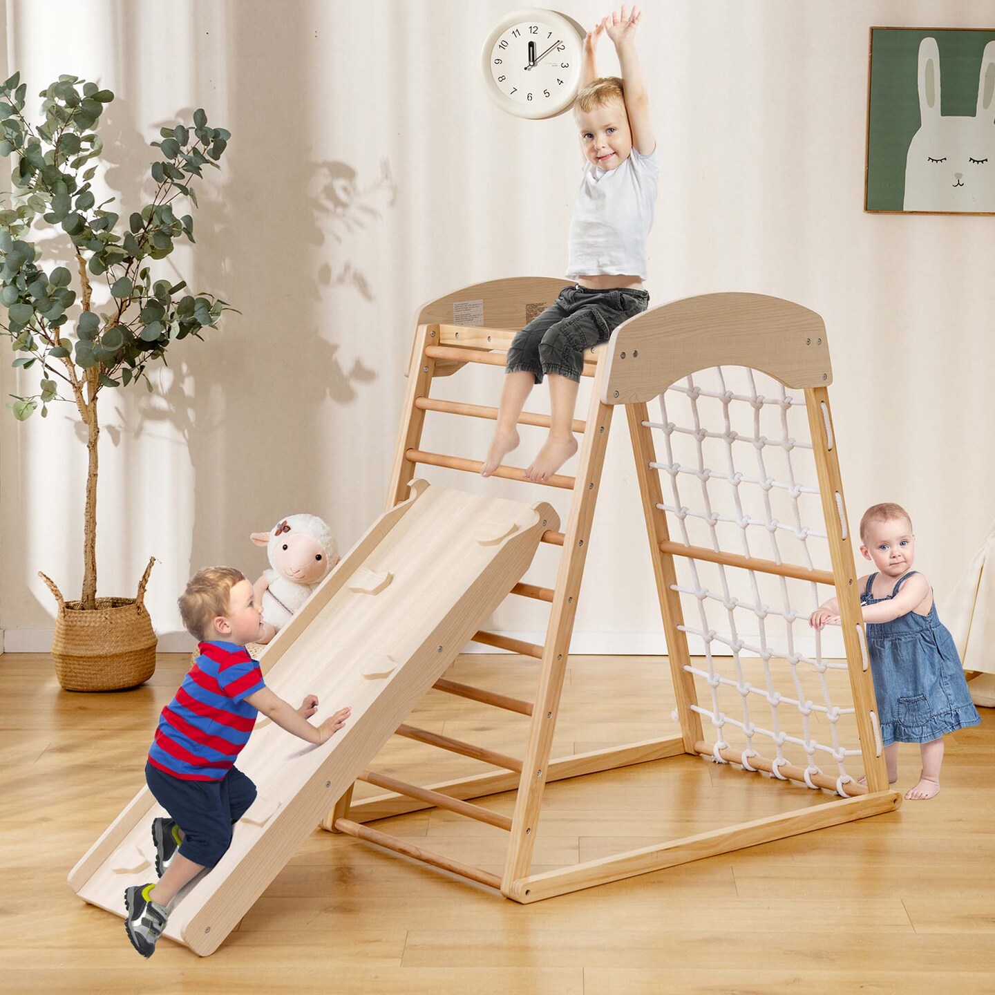 Costway 6-in-1 Wood Jungle Gym Montessori Climbing Play Set with Double-sided Ramp Colorful