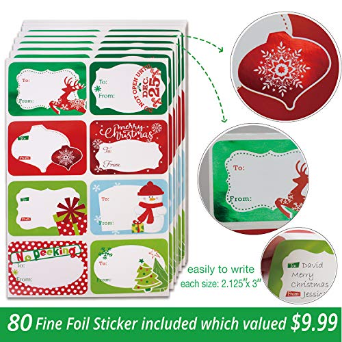 party funny 14 Decorative Christmas Gift Boxes with Lids and 80-Count Foil Christmas Gift Tag Stickers (Assorted size,6 Rectangle,4 Square, 4 Small Square)