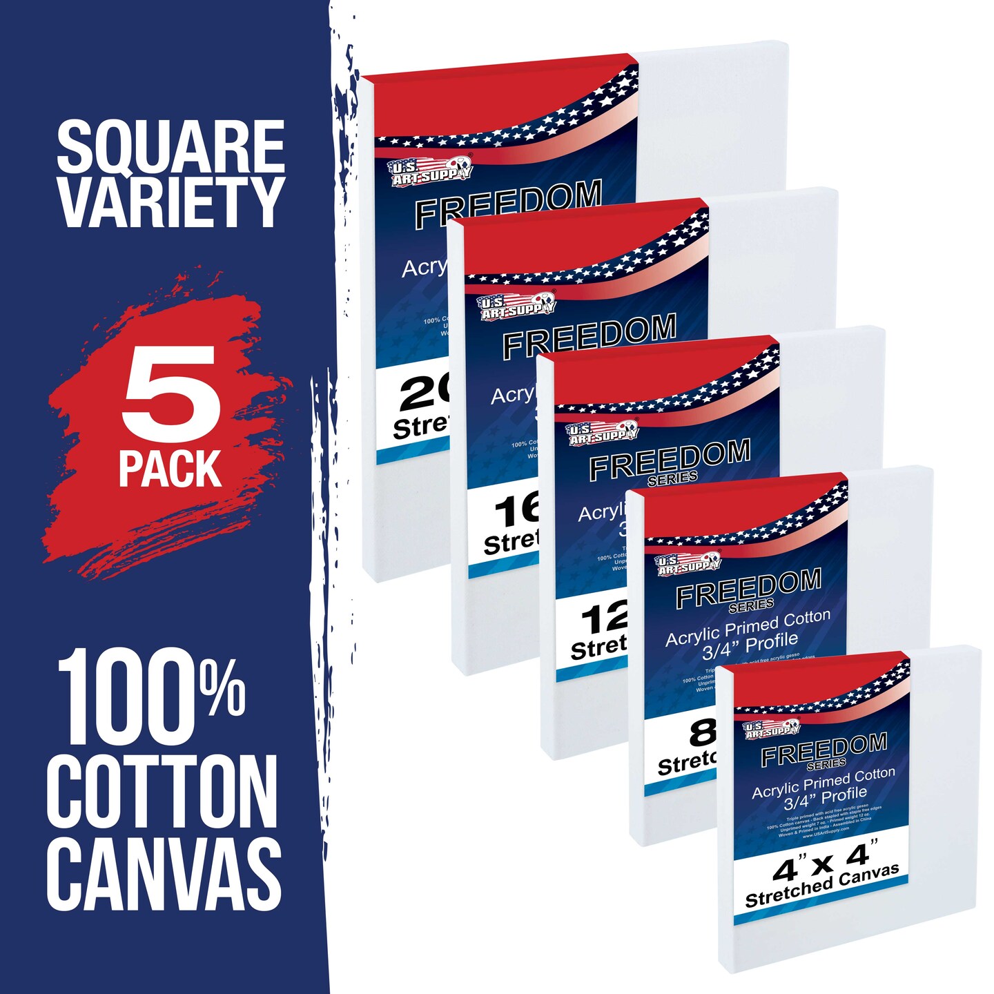 5 Assorted Square Sized Stretched Artist Paint Canvases (5 Pack) 1-each of  20x20, 16x16, 12x12, 8x8, 4x4