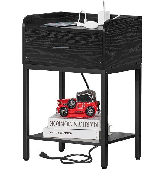 End tables with USB ports and outlets, black nightstand with charging station Small Side Table for Small Spaces, Bedroom, Modern Night Stand with Drawers and Open Shelf