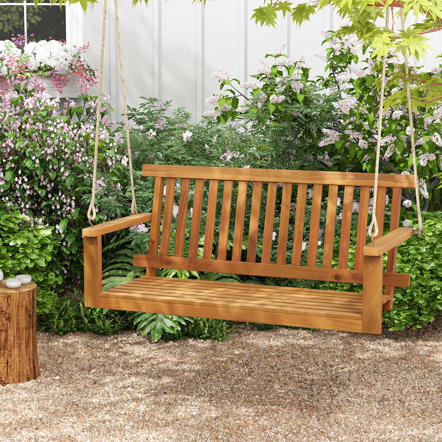 Costway 2-Seat Porch Swing Bench Acacia Wood Chair with 2 Hanging Hemp Ropes for Backyard