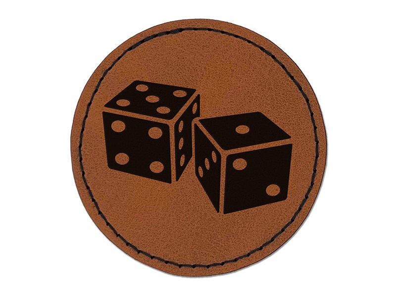 Pair of Dice Die Round Iron-On Engraved Faux Leather Patch Applique - 2.5