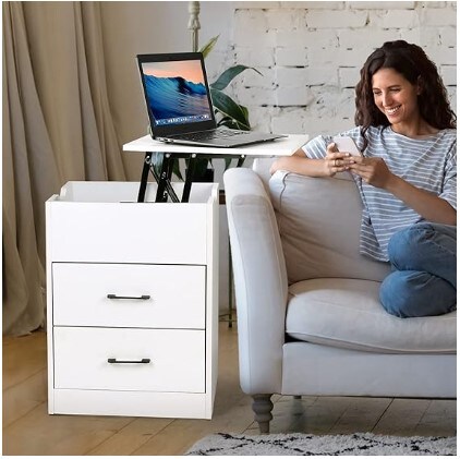 Lift Top Bedside Table/Modern End Table with 2 Drawers for Bedroom Living Room, White