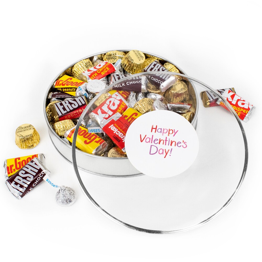 Valentine&#x27;s Day Candy Gift Tin - Plastic Tin with Hershey&#x27;s Kisses, Hershey&#x27;s Miniatures &#x26; Reese&#x27;s Peanut Butter Cups