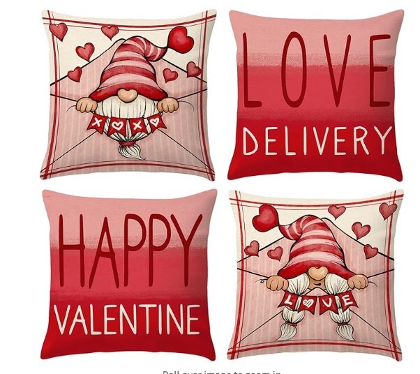 Set Of 4 Valentine Gnomes Linen Cushion Decorative Throw Pillow Covers Sofa Couch Anniversary 3423