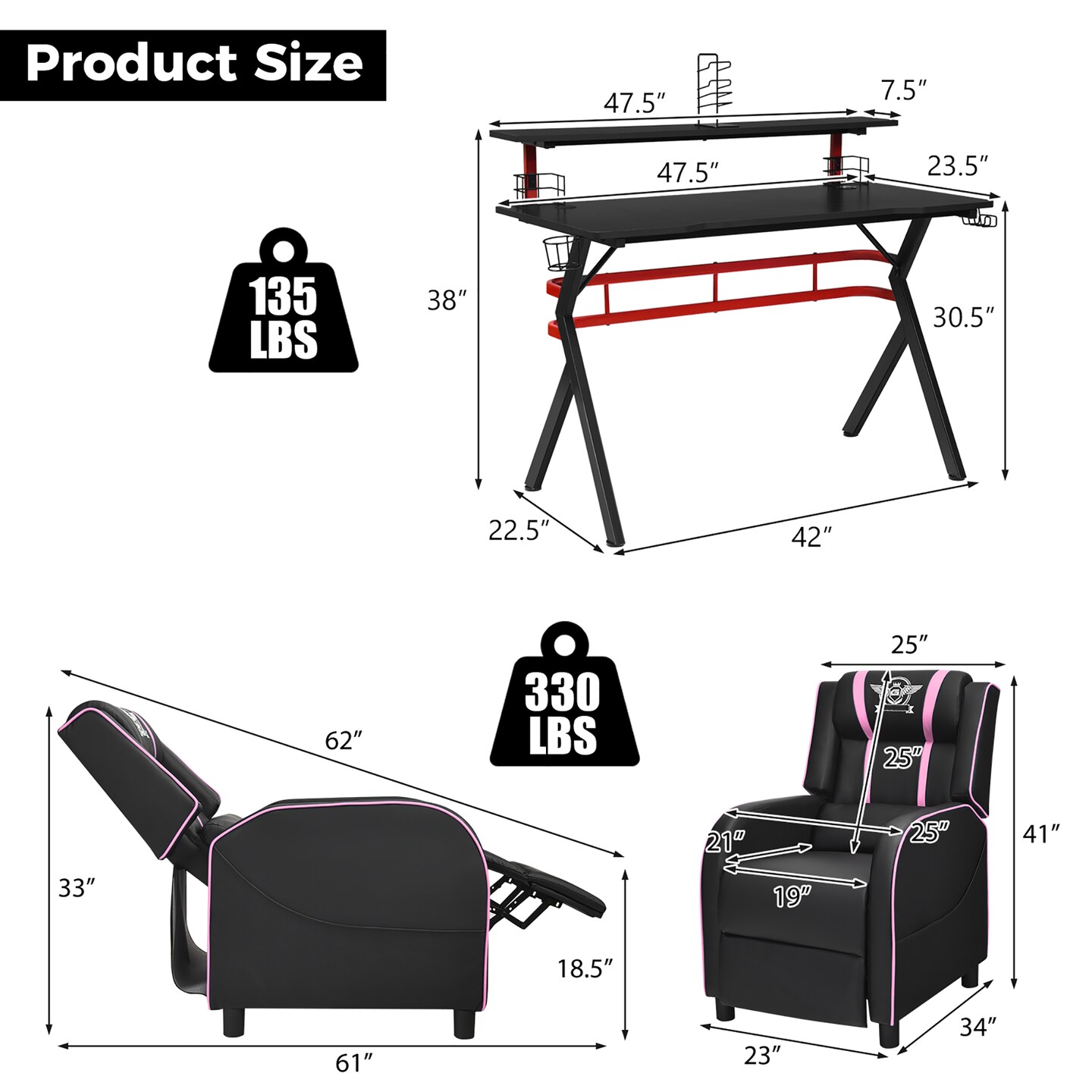 Costway Gaming Desk &#x26; Chair Set 48&#x27;&#x27; Computer Desk &#x26; Massage Recliner Chair Black + White/Blue/Pink/Red