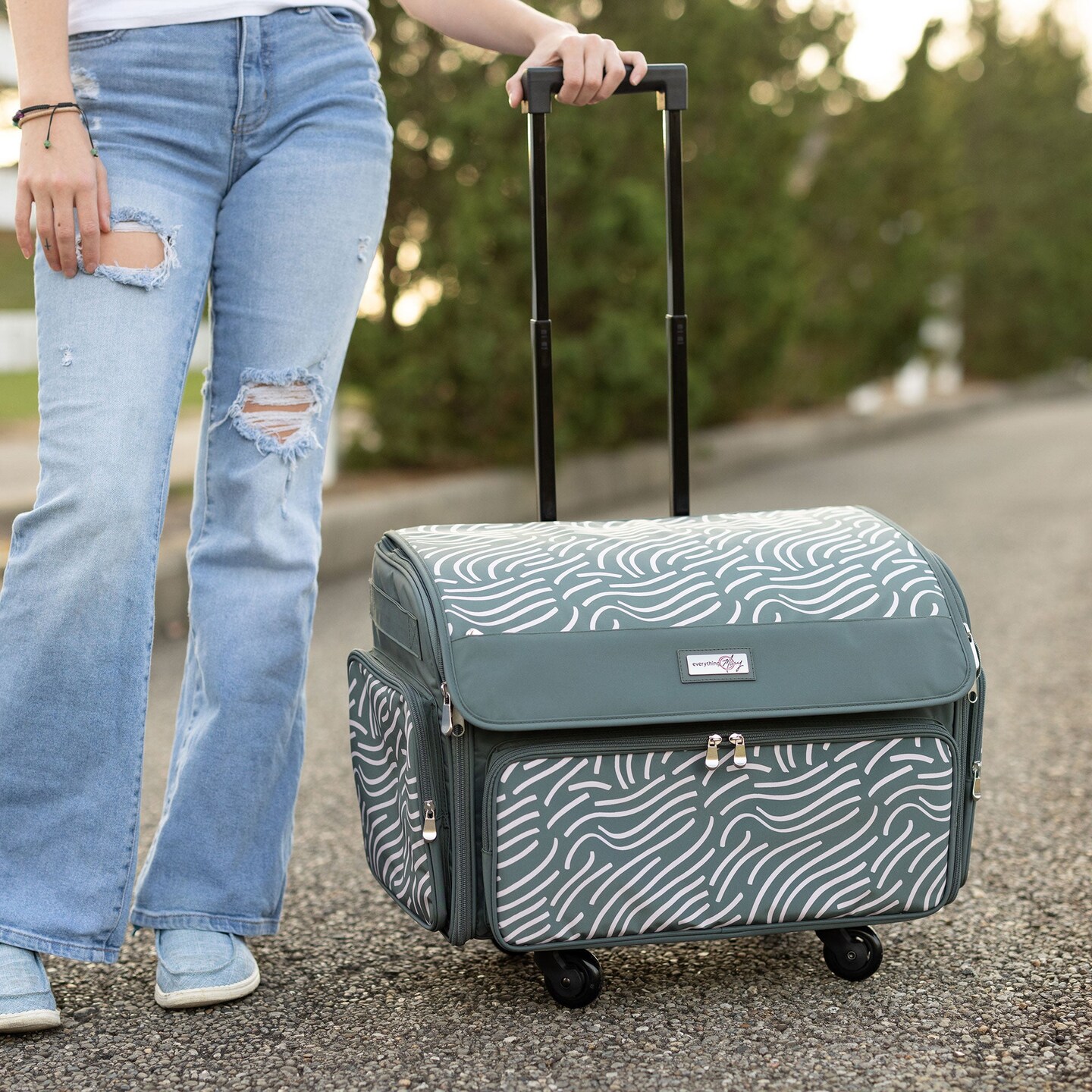 XL 4 Wheel Collapsible Deluxe Rolling Sewing Machine Storage Case, Grey &#x26; White