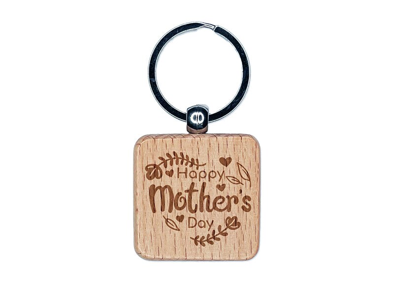 Happy Mother&#x27;s Day Heart Shaped Flower Border Engraved Wood Square Keychain Tag Charm