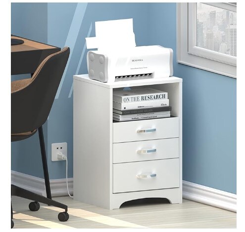 Bedside Tables for Bedroom with USB Ports Outlet &#x26; Open Storage, White Nightstand with Charging Station, Contemporary End Side Table with Three Drawers, Wooden Cabinet Stand by Sofa