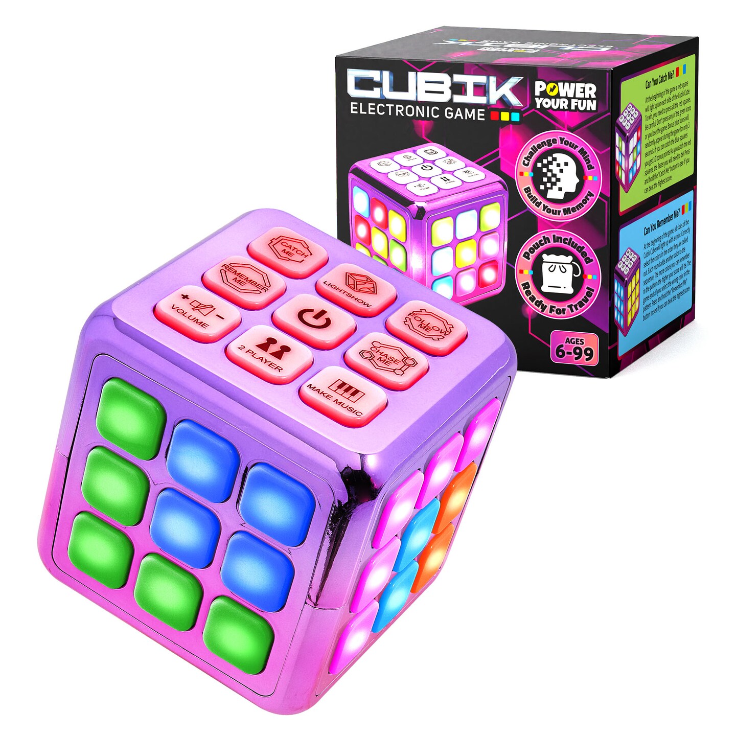 Power Your Fun Cubik LED Flashing Cube Memory Game - Metallic Pink/Purple