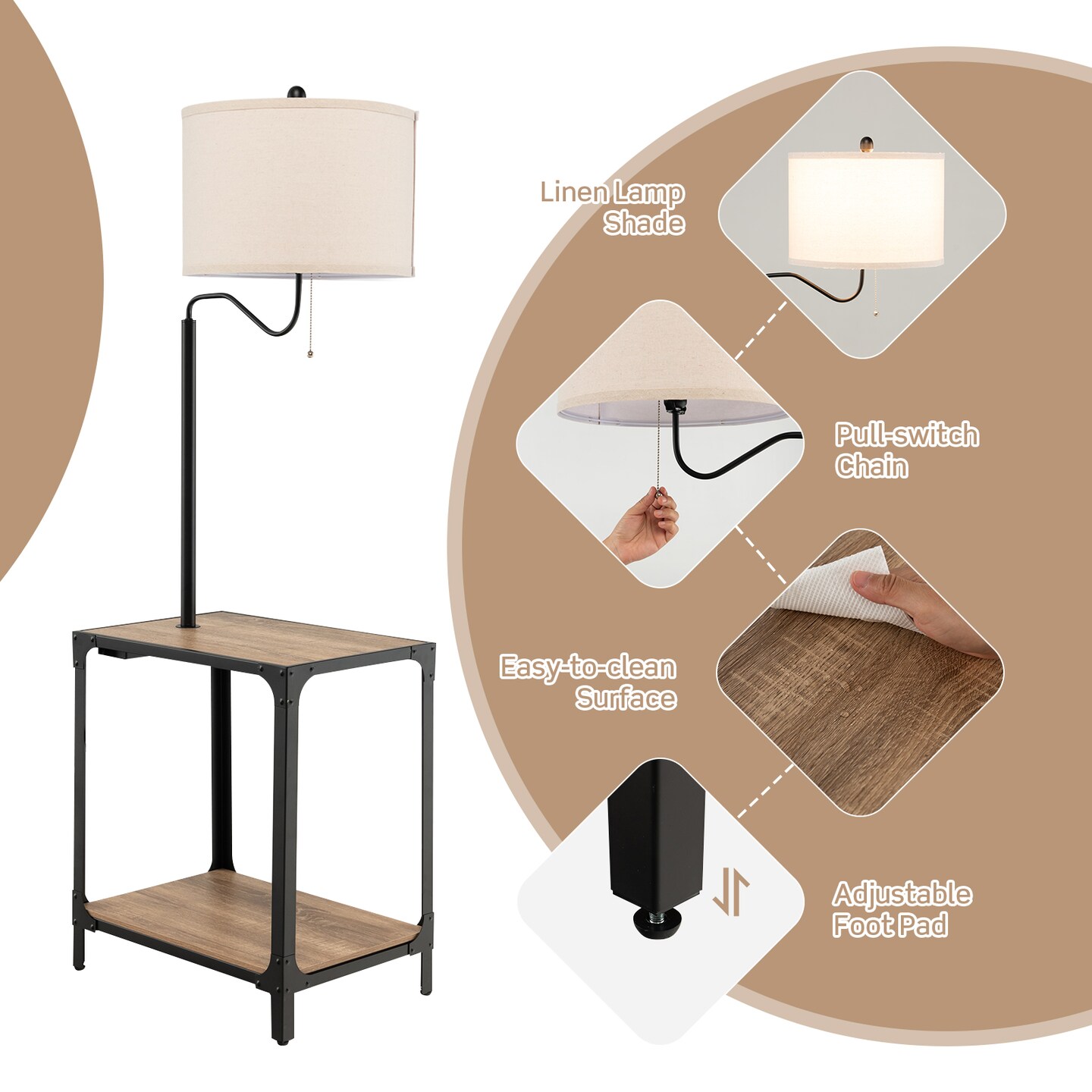 360&#xB0; Rotatable Floor Lamp with End Table and USB Charging Ports