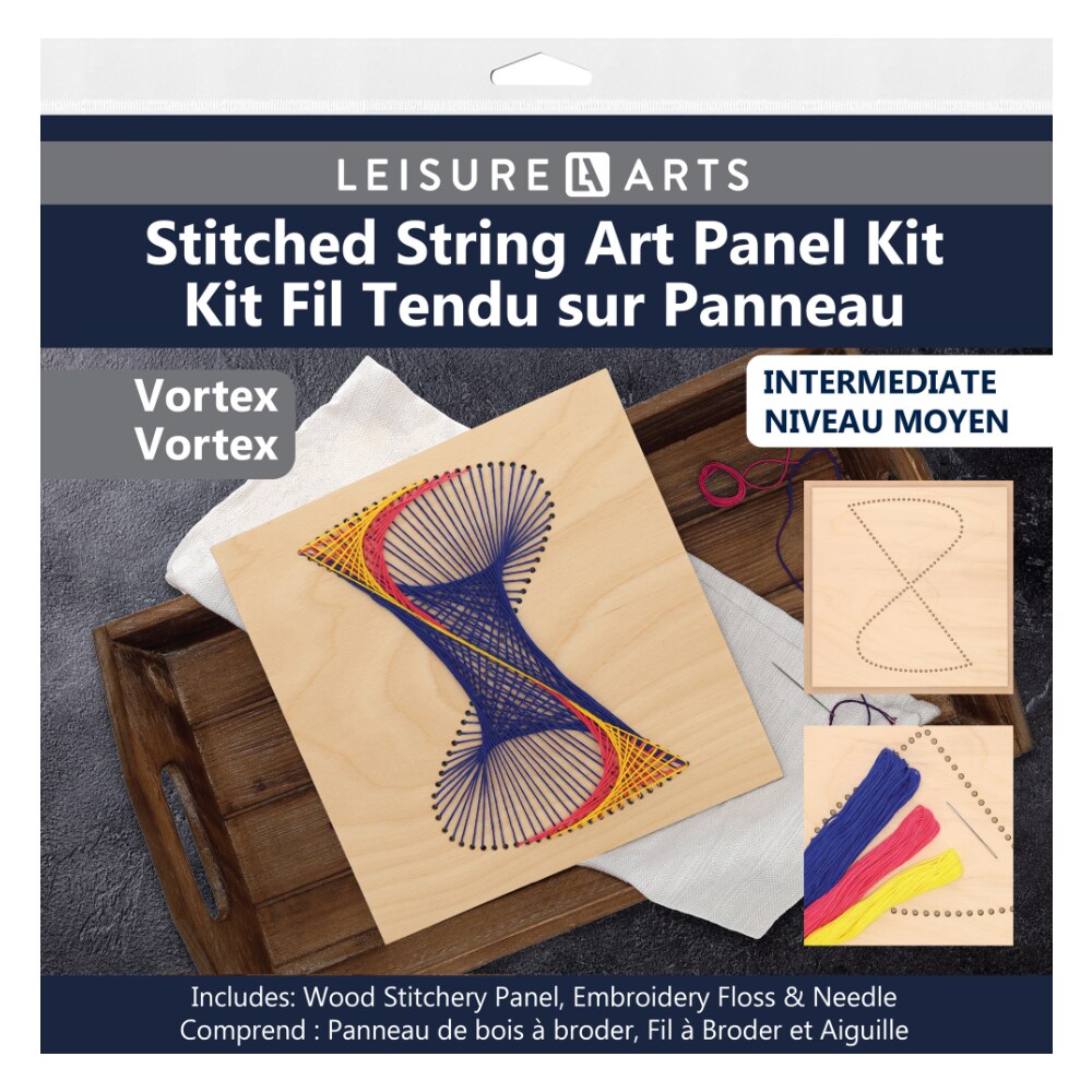 Wood Stitched String Art Kit Vortex, wooden stitchery kits for craft embroidery, perfect for intermediate skill level, completed size is 9.75&#x22; x 9.75&#x22;