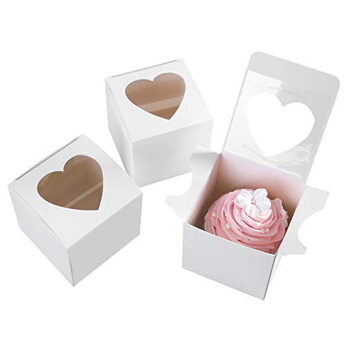 ONE MORE 3&#x22; Mini Single Favor White Cupcake Boxes with Heart Shape Window without Handle,Small Cupcake Box Carrier Individual Containers 3X3X3inch,Pack of 25