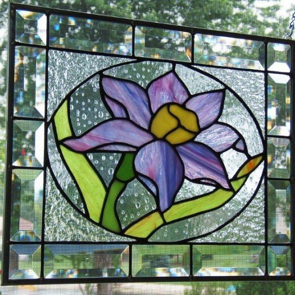 Stained Glass Window, Rainbow Houses, Geometric Shapes, Handmade, Artisanal, Approx. 8 outlet 1/2