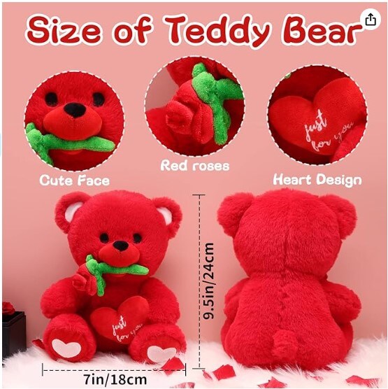 Cute Red Teddy Bear Plush Toy, Stuffed Teddy Bear with Rose Plush Teddy Bear for Kids Birthday Girlfriend Valentine's Day Gifts