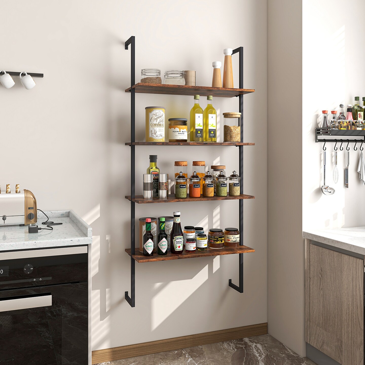 Costway 2 PCS 4-Tier Ladder Shelf Bookshelf Industrial Wall Shelf with Metal Frame Rustic