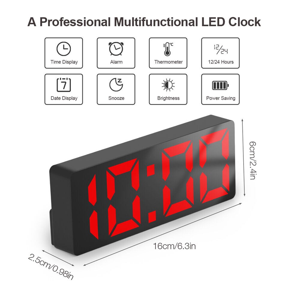 Digital LED Desk Alarm Clock RED Large Mirror Display .