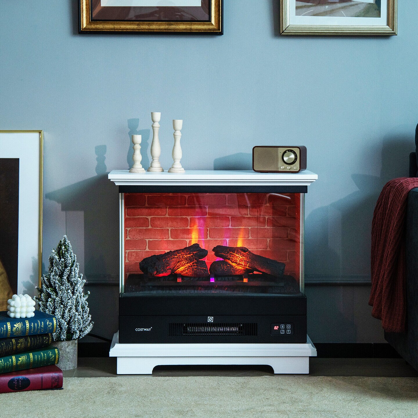 Freestanding Electric Fireplace with 3-Level Vivid Flame Thermostat