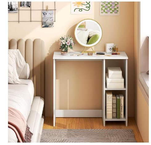 Little White Desk with Shelves, Sturdy Desk for Little Area, Study Writing Desk with Two Tier Shelves, Laptop Desk, PC Desk, Children's Desk, Modern Simple Style