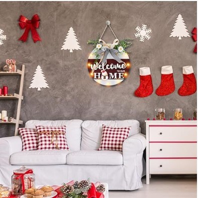 Interchangeable Seasonal Christmas Welcome Sign Front Door Decor, Christmas Decor Housewarming Gifts, Welcome to Our Home Sign Christmas Wreath with Lights