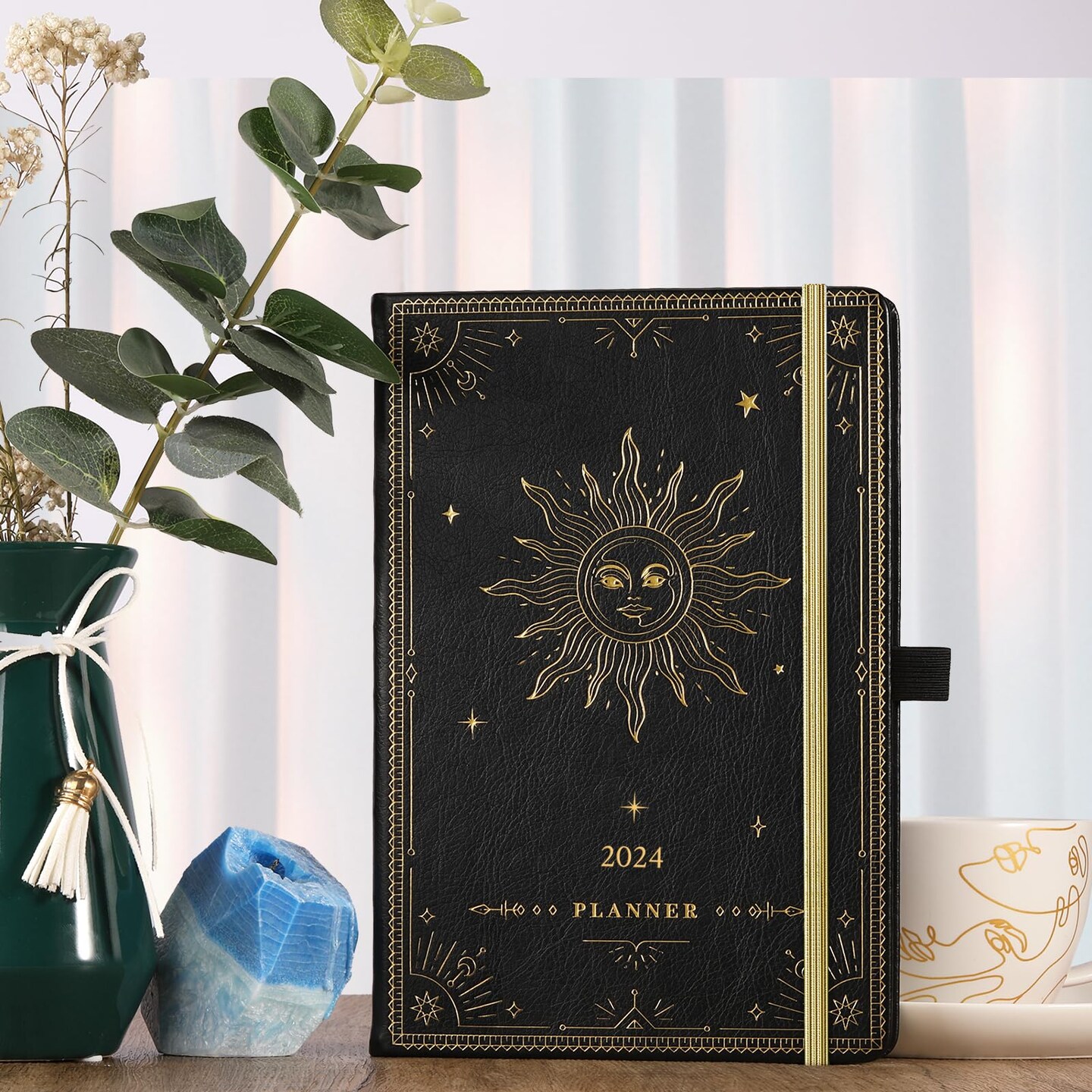 Weekly Monthly Planner 2024, January 2024 - December 2024, 5.75&#x22; x 8.25&#x22;, Faux Leather Planner 2024, Back Pocket with 40 Notes Pages - The Sun