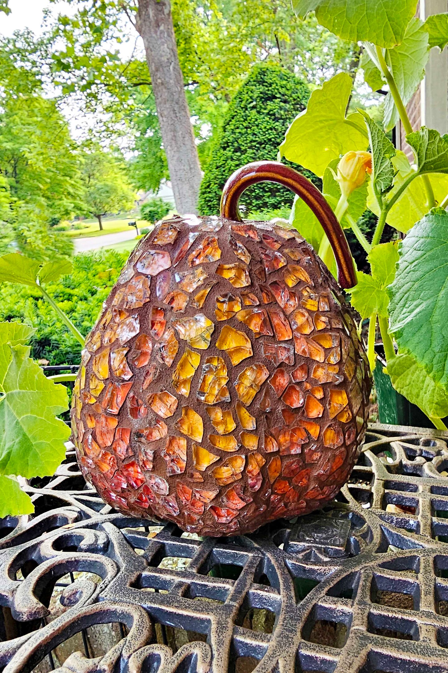 product name is 6” Glass MOSAIC PUMPKIN "FIREGLASS" - sculpture - shelf art - table décor - custom - one of a kind - mosaic art