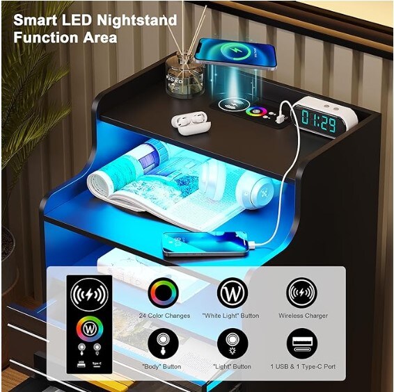 LED Nightstand with Charging Station, Black Nightstand with 3 Drawers, Wireless Charging/USB Ports on Smart Nightstand, Modern Bedside Table with Sensor Light for Bedroom Furniture (Black)