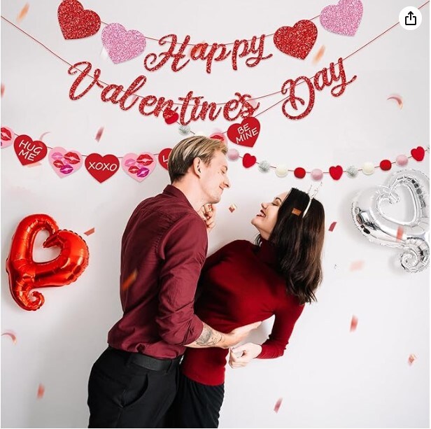 Glitter Happy Valentine&#x27;s Day Banner Hearts Garland Pre Strung Pom Pom, Valentine&#x27;s Day Decorations for Galentines Wedding Anniversary Party Supplies
