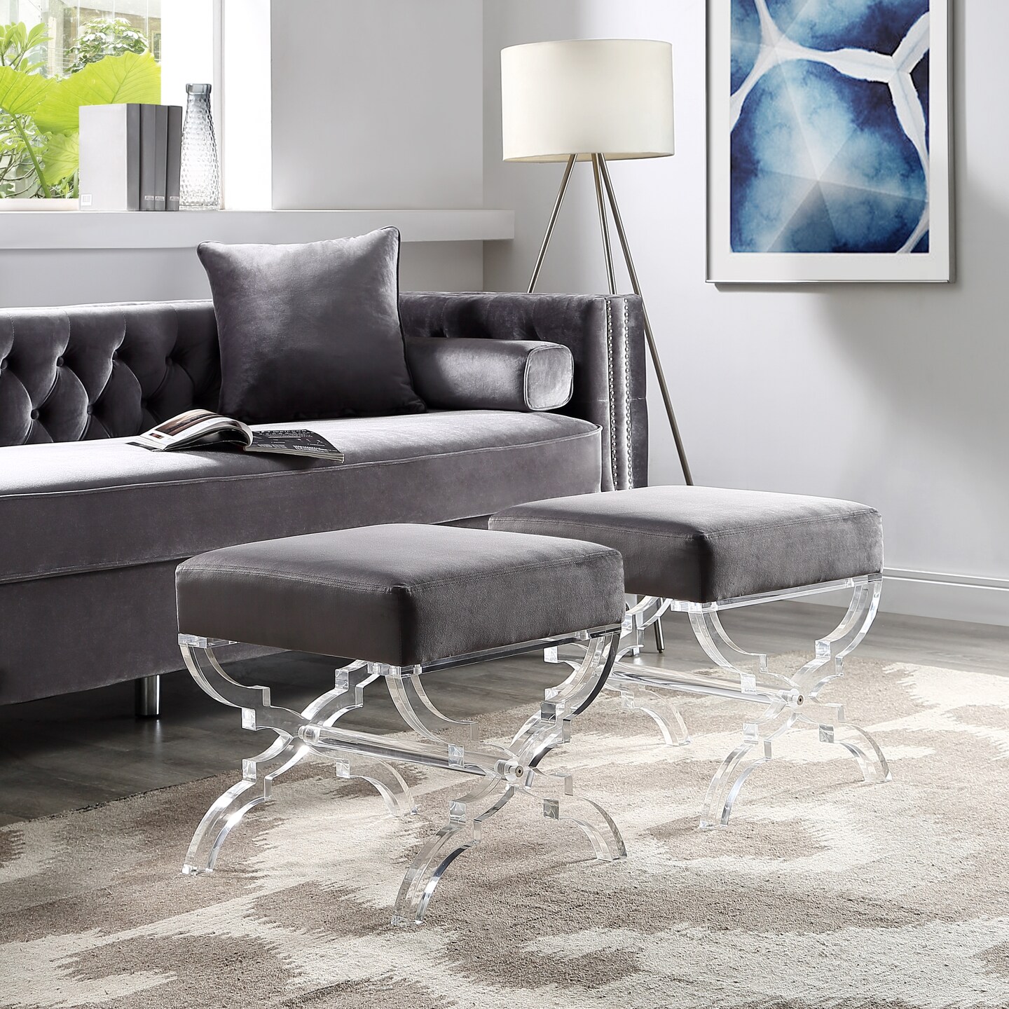 Reida Velvet/Faux Leather Acrylic X-Leg Ottoman