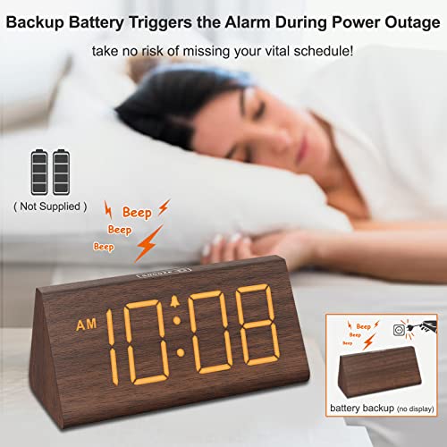 Wooden Digital Alarm Clocks for Bedrooms - Electric Desk Clock with Large Numbers, USB Port, Battery Backup Alarm, Adjustable Volume, Dimmer, Snooze, DST, 12/24H, Wood Décor (Brown)