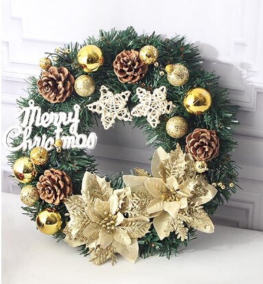 Front Door Artificial Christmas Wreaths Indoor Outdoor Home Decorations with Christmas Gold Glitter Poinsettias Artificial Flowers Star and Pine Cones