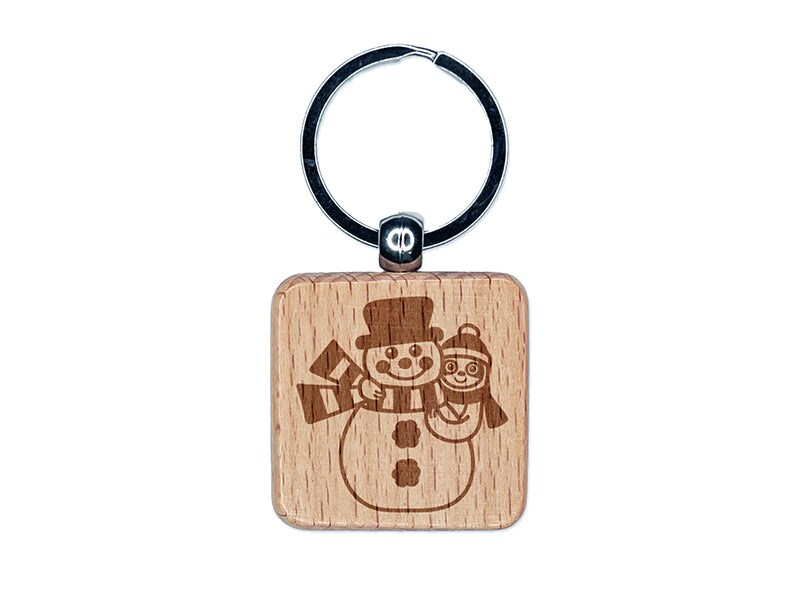 Sloth and Snowman Winter Friends Engraved Wood Square Keychain Tag Charm