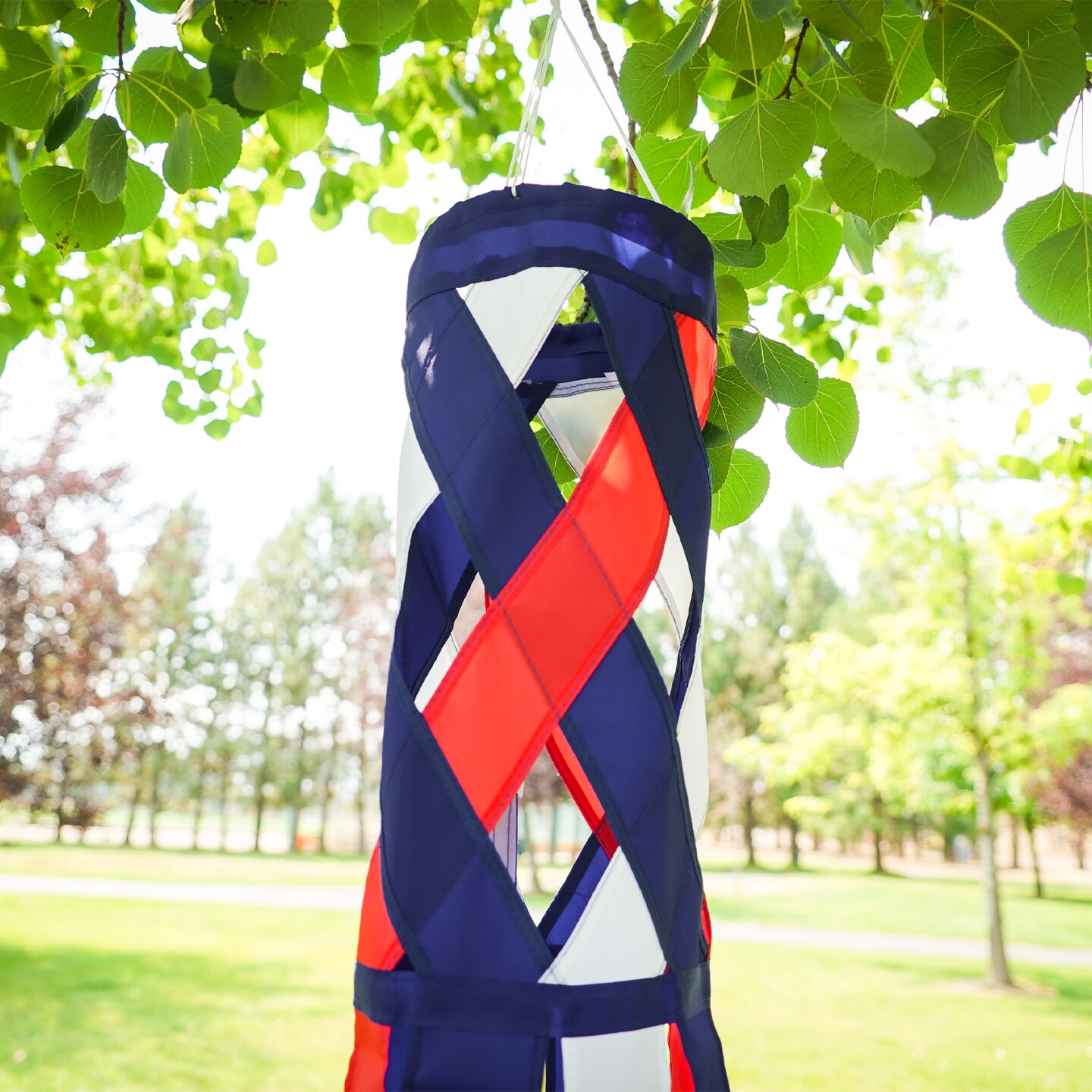 In the Breeze 5217 &#x2014; Red, White &#x26; Blue Diagonal Weave 40&#x22; Windsock &#x2014; Patriotic Lattice Windsock with Color-Coordinated Tails, Fourth of July Decoration