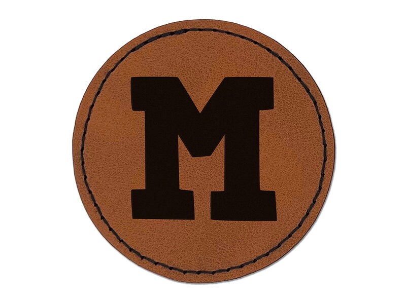 Letter M Uppercase Fun Bold Font Round Iron-On Engraved Faux Leather Patch Applique - 2.5"