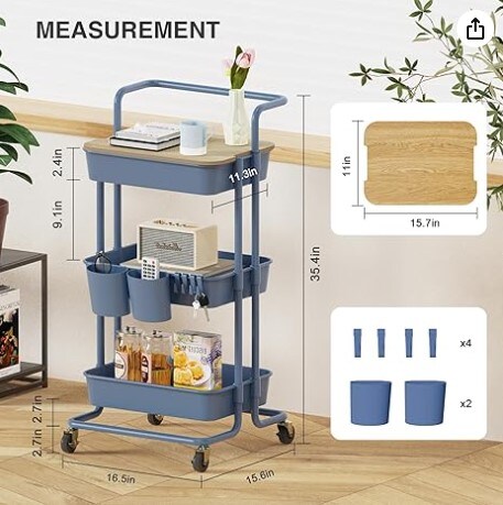 3 Tier Rolling Utility Cart with Covered Top Board, Movable Kitchen Storage Cart Trolley with Lockable Wheels, Cups, Hooks for Kitchen Bathroom Home Office Art Craft Storage and Organization (Blue).