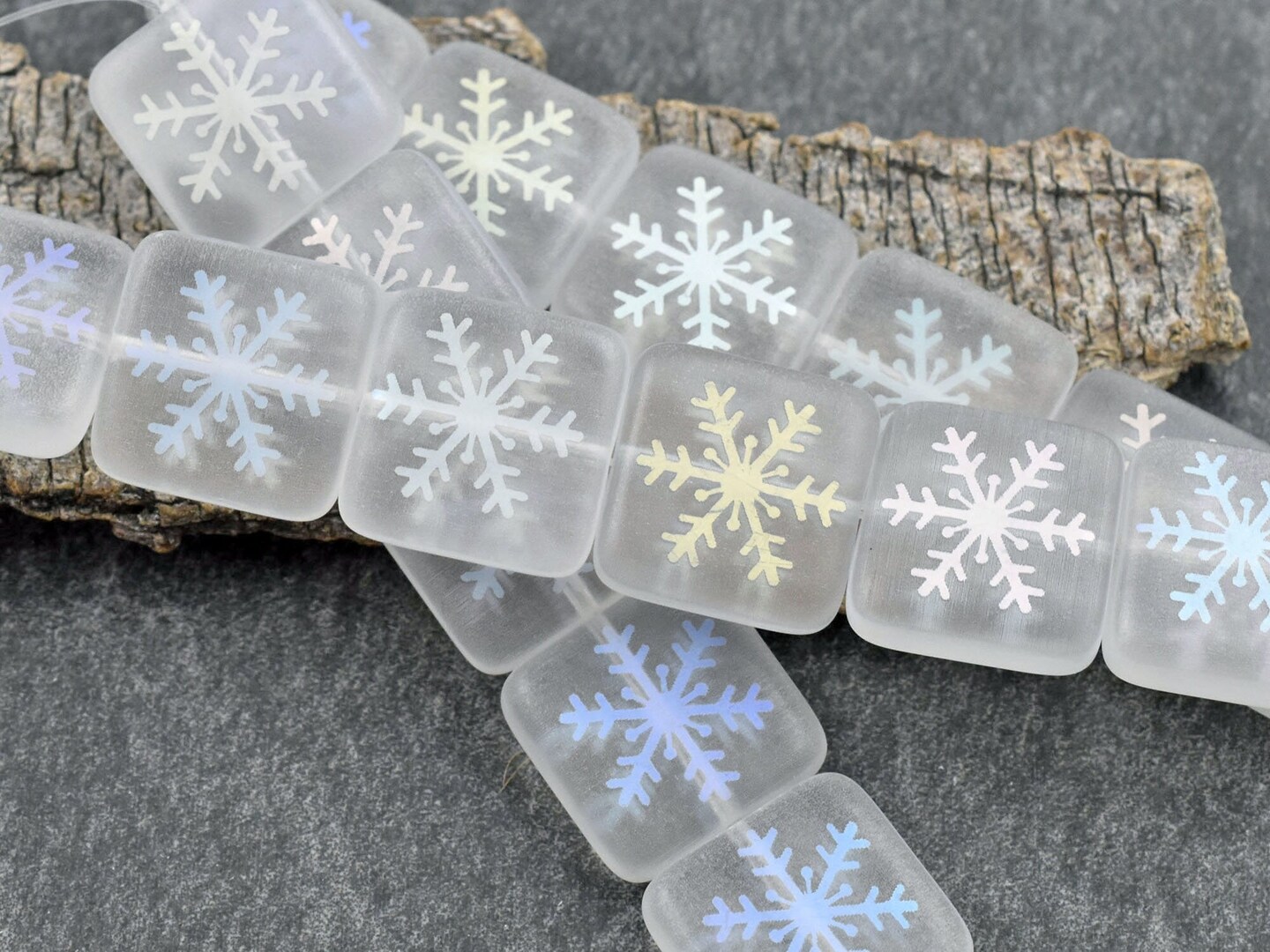 *6* 16mm Laser Etched Soft Matte Crystal Snowflake Square Beads