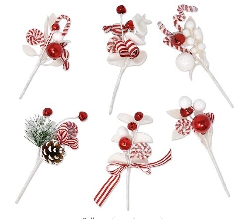 Picks in Red and White for Christmas Balls of Peppermint Candy Cane 9 Inch Jingle Bells and Candies on Sticks for Christmas Vase Filler Crafts &#x26; Tree Ornament Wreath Holiday Home Party Decorations