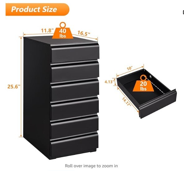 Modern Dresser Chest Storage Cabinet with Metal Sliding Rail, Metal Cabinet with 6 Drawers, 6-Layer Under Desk Storage Drawer for Living Room, Entryway, Office (Black)