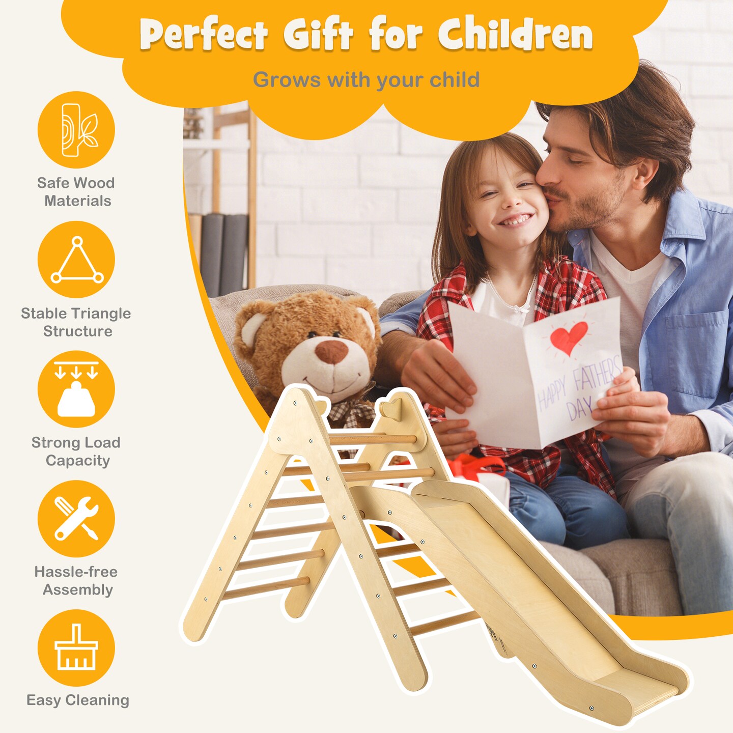 2-in-1 Wooden Triangle Climber Set with Gradient Adjustable Slide