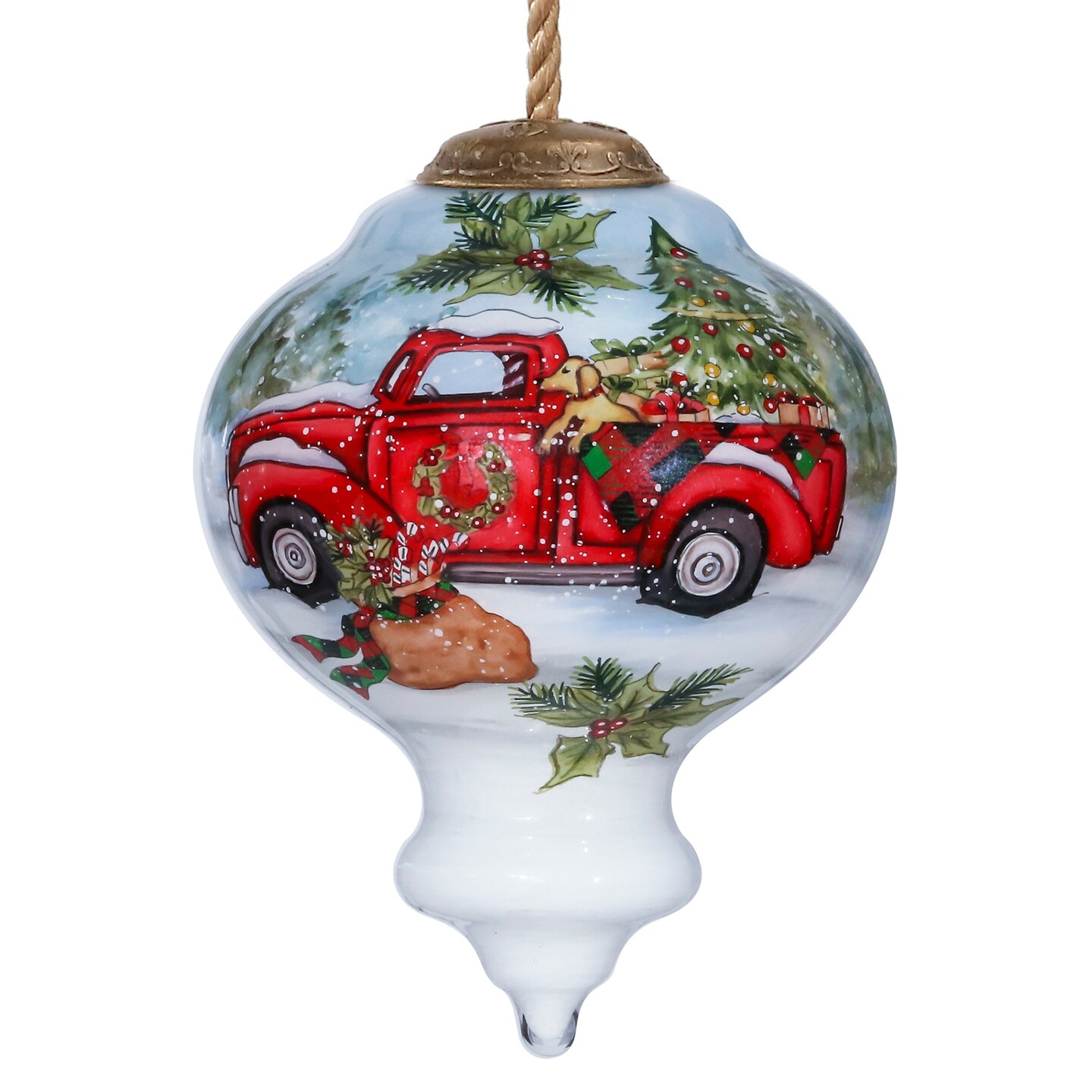 CC Christmas Decor 3.75&#x22; White and Red Truck and Christmas Tree Glass Ornament