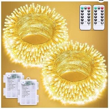 2 Pack Warm White Battery Operated Outdoor String Lights, 33ft 100 LED Battery Powered Christmas Lights with Remote, 8 Modes Waterproof Twinkle Fairy Mini Lights