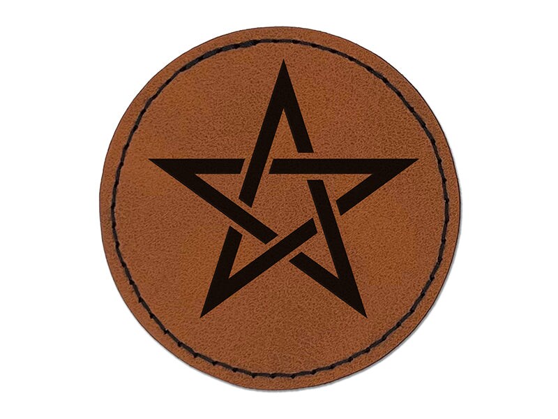Pentacle Star Witch Wicca Occult Round Iron-On Engraved Faux Leather Patch Applique - 2.5&#x22;