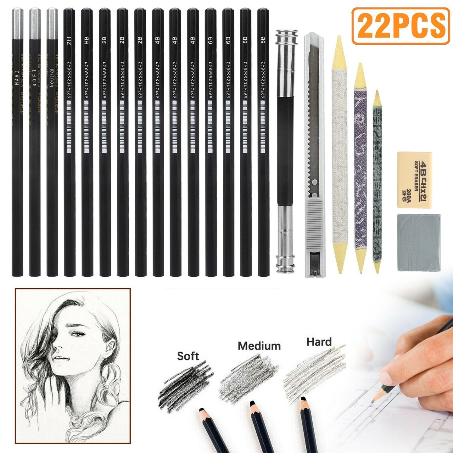 22Pcs Professional Sketch Pencils+Charcoal
