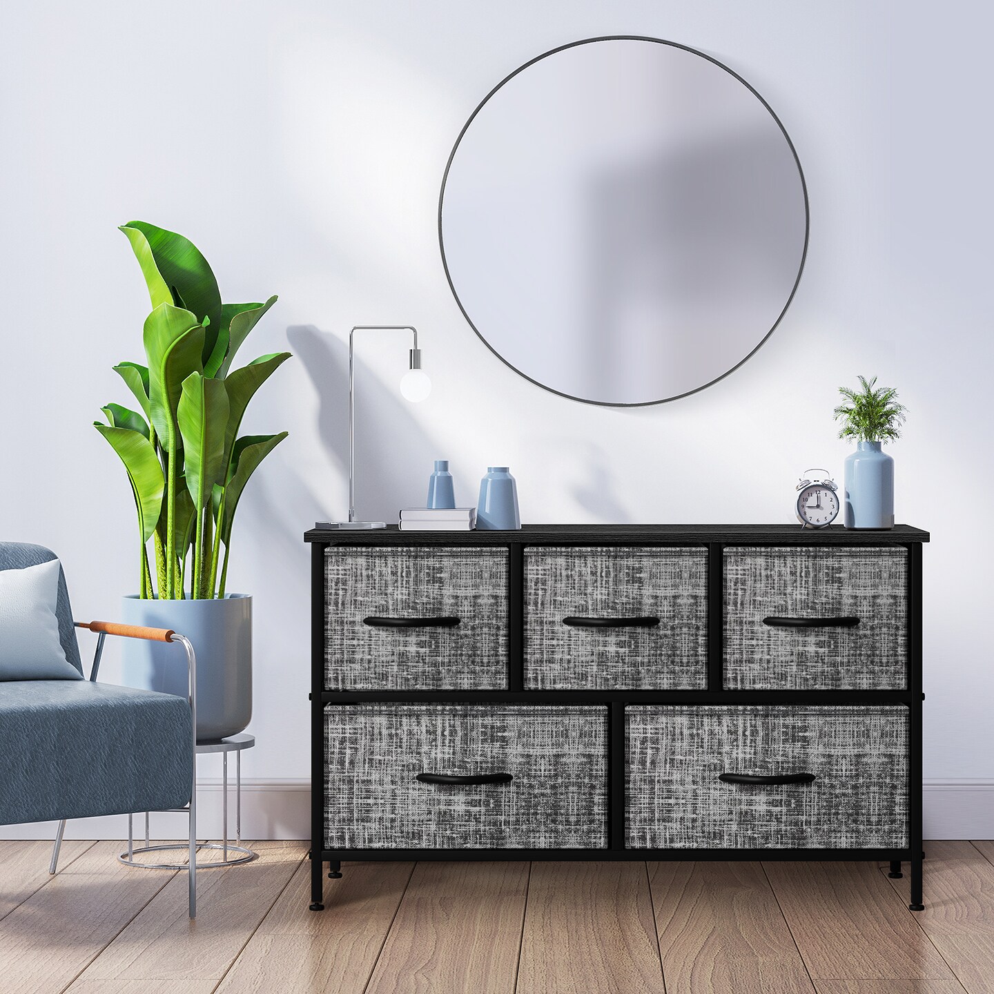 Sorbus Dresser with 5 Drawers - Storage Chest Organizer Unit with Steel Frame, Wood Top, Easy Pull Fabric Bins - Long Wide TV Stand for Bedroom Furniture, Hallway, Closet & Office Organization