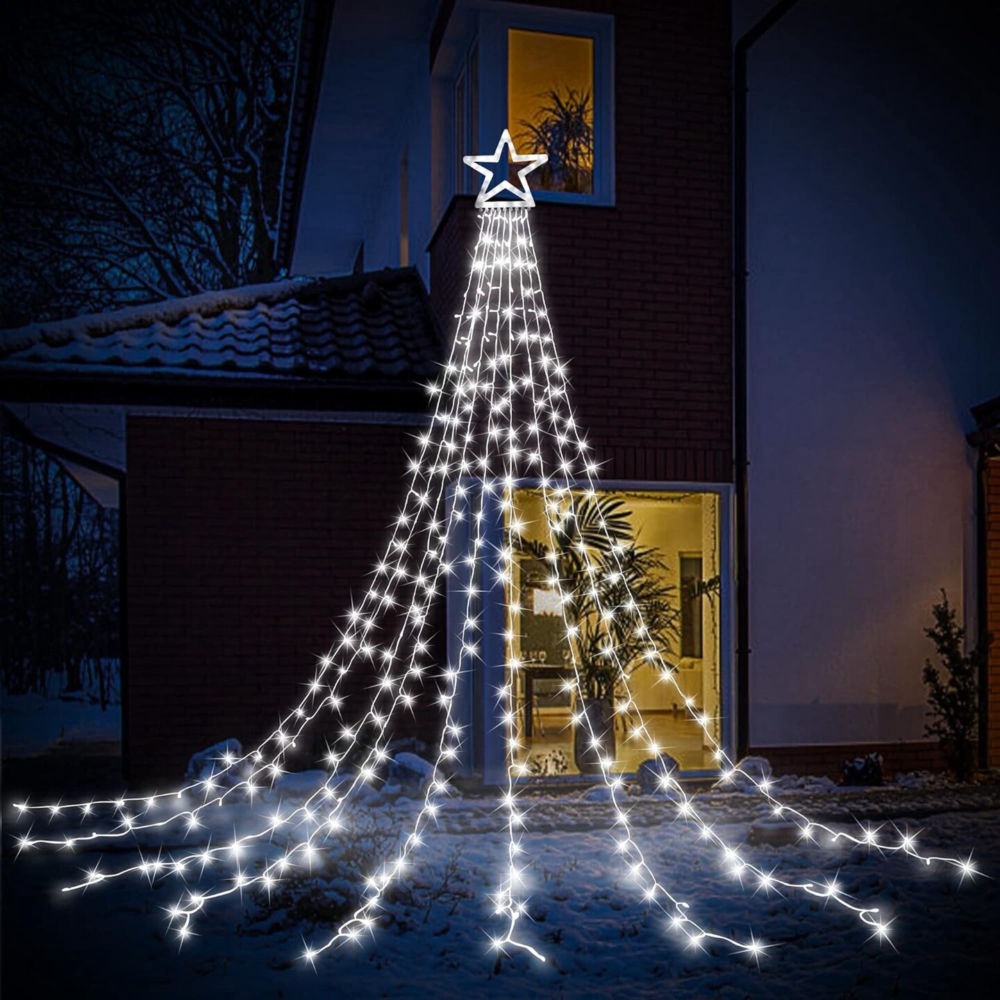 Christmas Hanging Waterfall String Light with Topper Star with 8 Lighting Modes