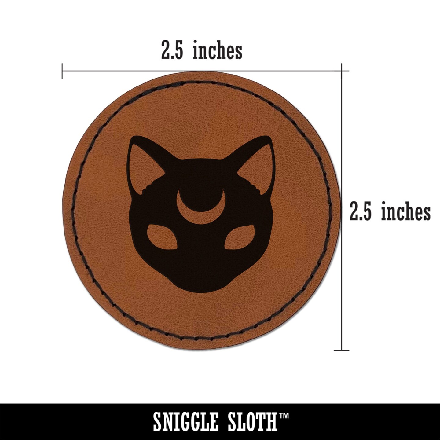 Witch Cat Head with Moon on Forehead Round Iron-On Engraved Faux Leather Patch Applique - 2.5&#x22;