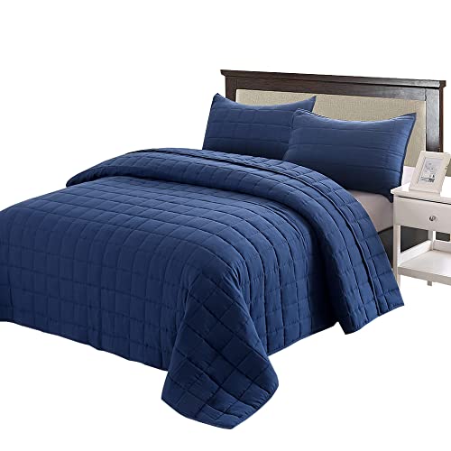 EMME Quilt Set Twin Size 2 Pieces (66x90 inches), Pre-Washed Microfiber Bedspread for All Season, Lightweight and Reversible Coverlet (Squares Pattern, Navy)