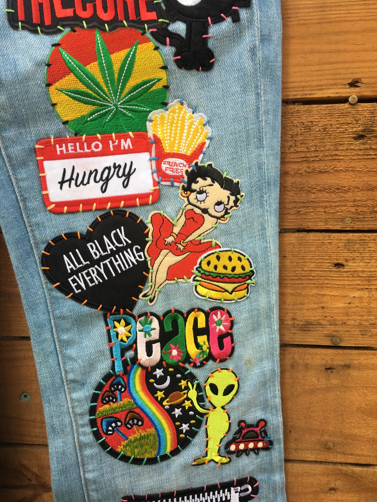 Custom, One of a kind, Patched, Embroidered, Re-worked Jeans